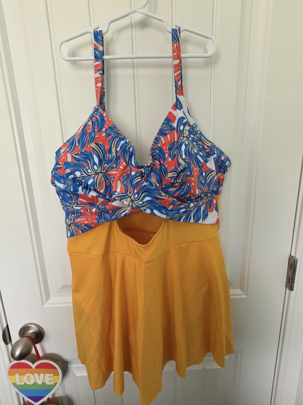 Tropical Floral Blue & Coral Skirted Swimsuit with Mustard Skirt